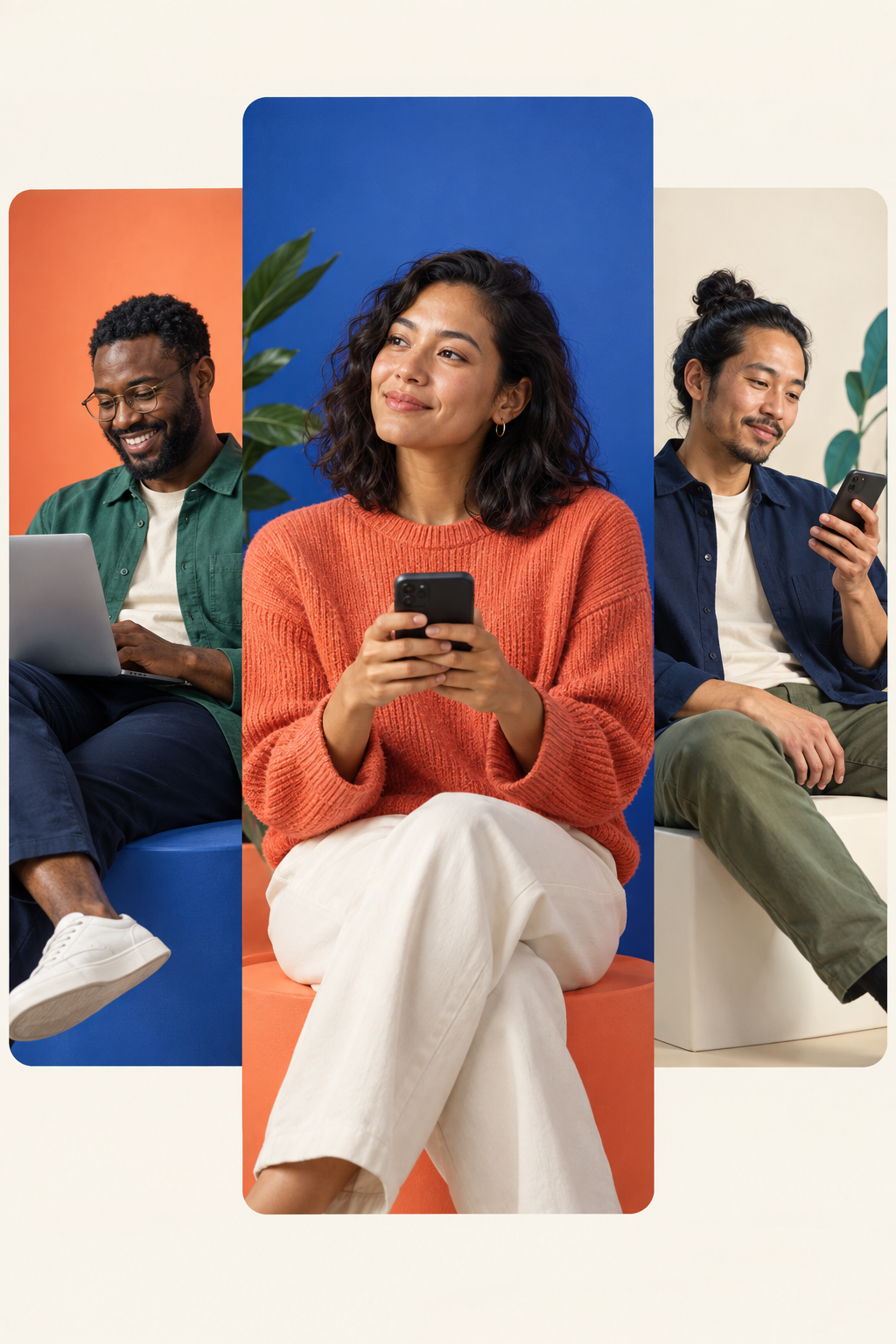 Three people taking part in research on their devices